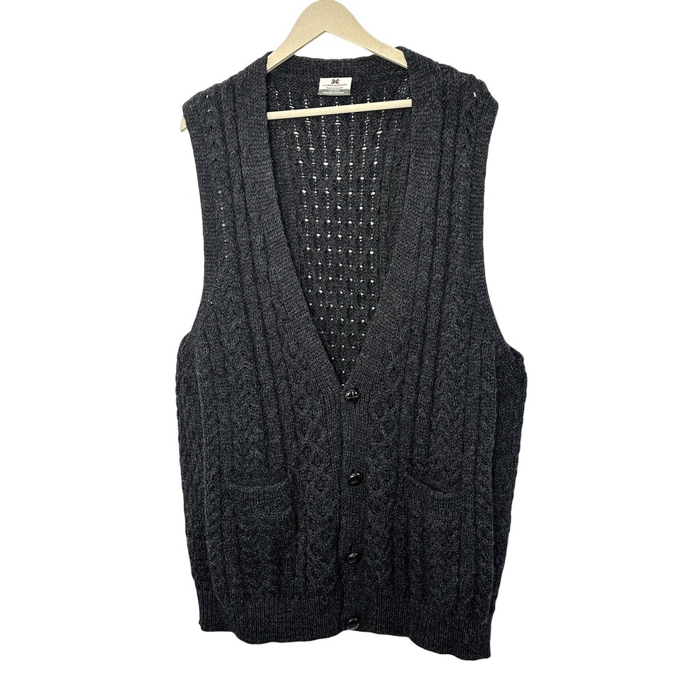 Carraigdonn Mens Grey Wool‎ Aran Cable Knit Cardigan Vest Ireland